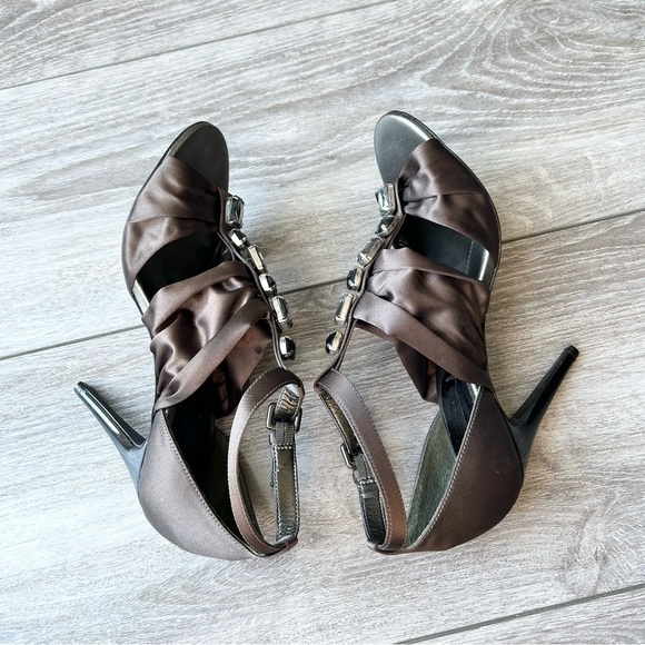BCBGMAXAZRIA Brown Satin Jeweled Upper Strappy Sandals - Picture 9 of 14